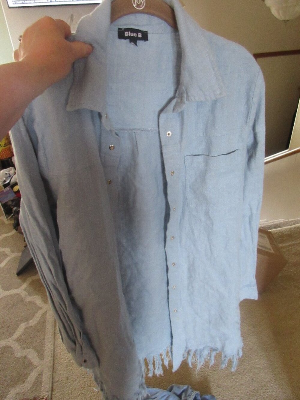 Blue B Collection Fringe Linen‎ Cotton Shacket Lagenlook Top Snap Button S m